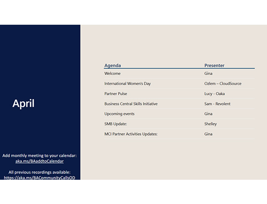 Agenda for Aprils Community Call