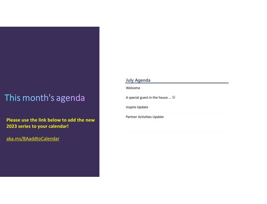 Agenda for Julys Community Call 