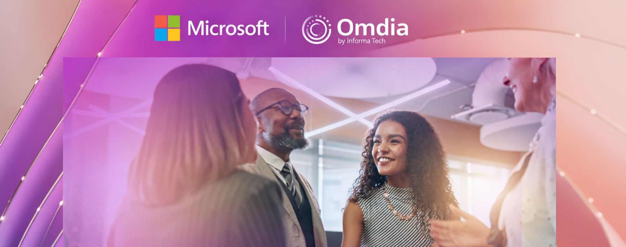 Business professionals collaborating in a modern office setting with Microsoft and Omdia branding displayed above.