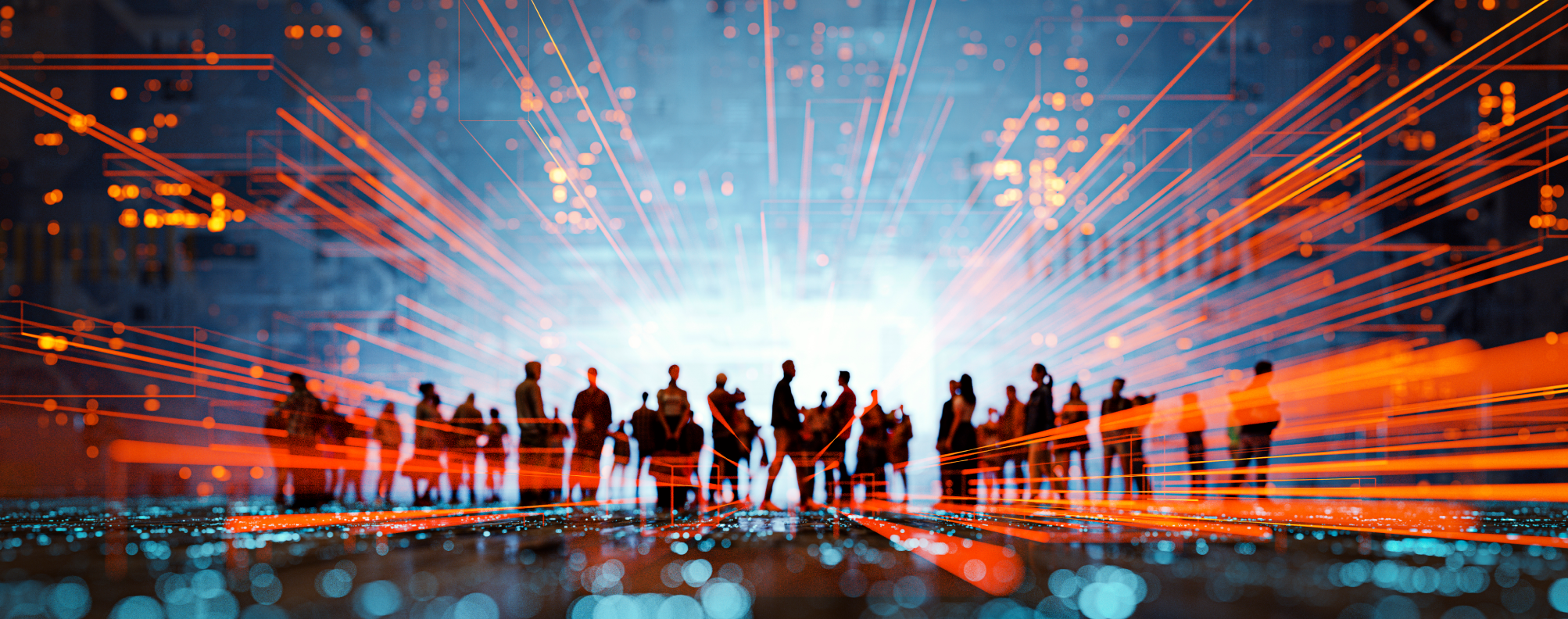 Futuristic cityscape with people silhouetted in the distance