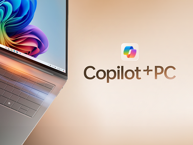Graphic of the Copilot+ PC logo alongside a rendering of the Copilot+ PC device on a gradient background.