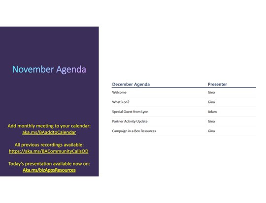 Agenda for Novembers Community Call