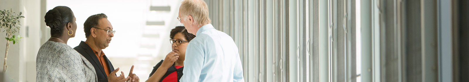 Four colleagues talking in hallway