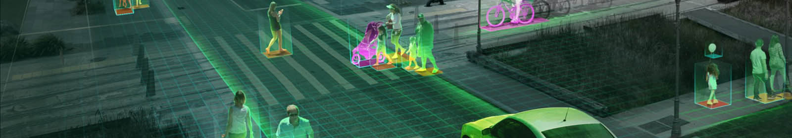 Digital city street with pedestrians