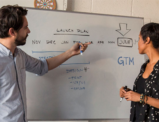 Two people working at a white board