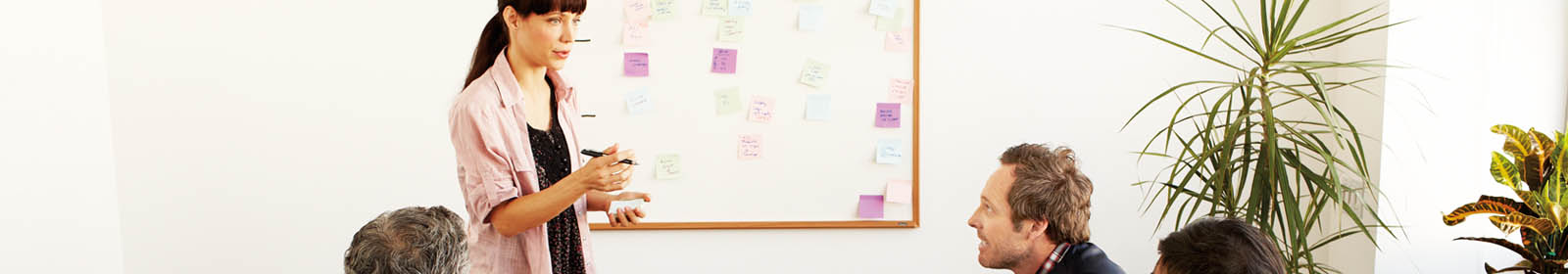 Small group having a discussion in front of a post It board