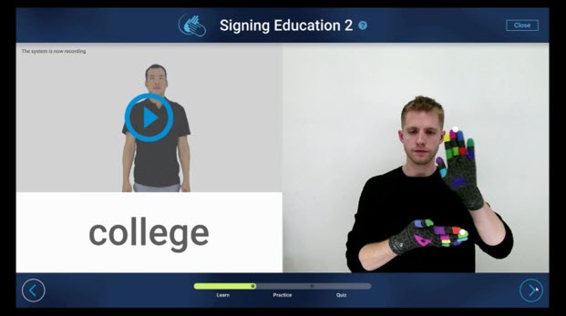 Screenshot of a user learning to sign the word “college”
