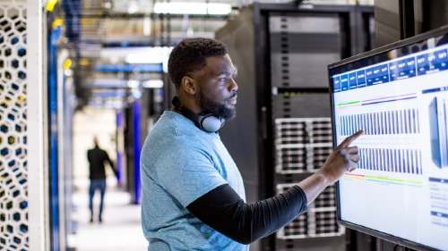 Man looking at graphs on a computer