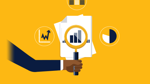 illustration of hand holding papers with graphs and charts on them