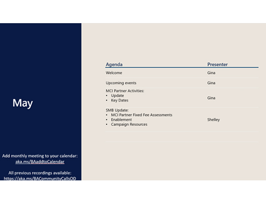 Agenda for Mays Community Call