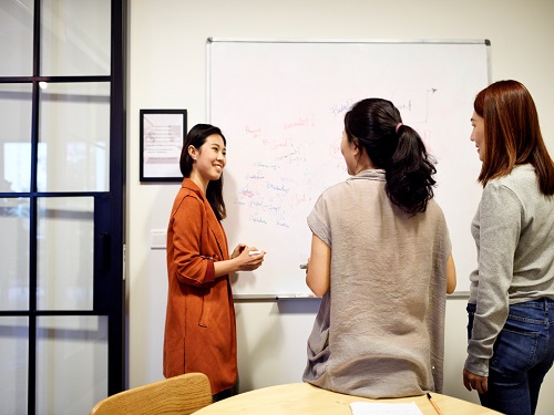 Three women whiteboarding in a meeting room