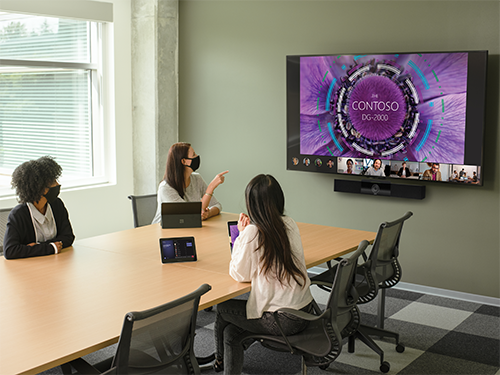 Group of three person wearing mask and having a conference call in a meeting room