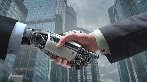 a man handshaking with robot