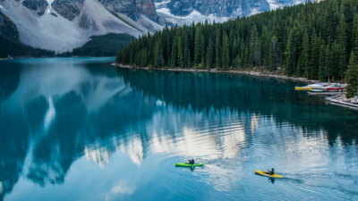 Mountain landscape with two kayaks