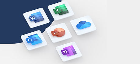 Image of Microsoft icons: Word, Excel, OneDrive, OneNote, PowerPoint, and Outlook