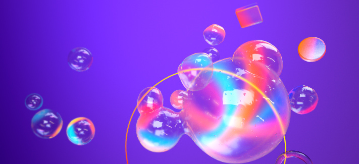 Colorful bubble-like shapes float over a blue background