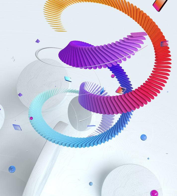 Colorful kinetic swirls anchor an abstract design