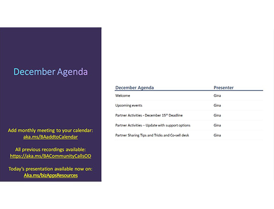 Agenda for Decembers Community Call