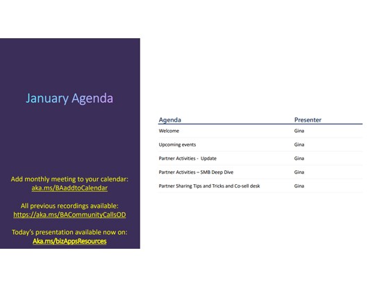Agenda for Januarys Community Call 