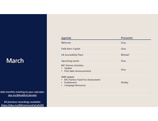Agenda for Marchs Community Call