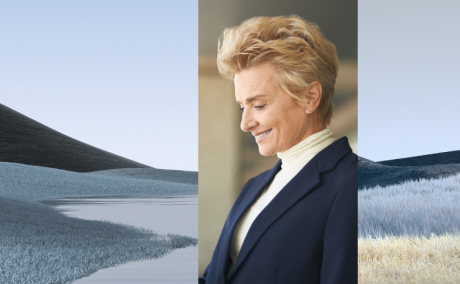 Collage image of businessperson and muted landscape