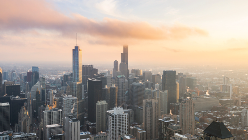 A city skyline viewed from above
