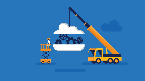 Illustration of crane carrying cloud with gears