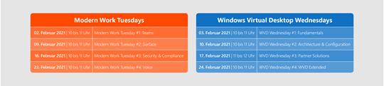 Timeline depicting the events for Modern Work Tuesdays and Windows Virtual Desktop Wednesdays