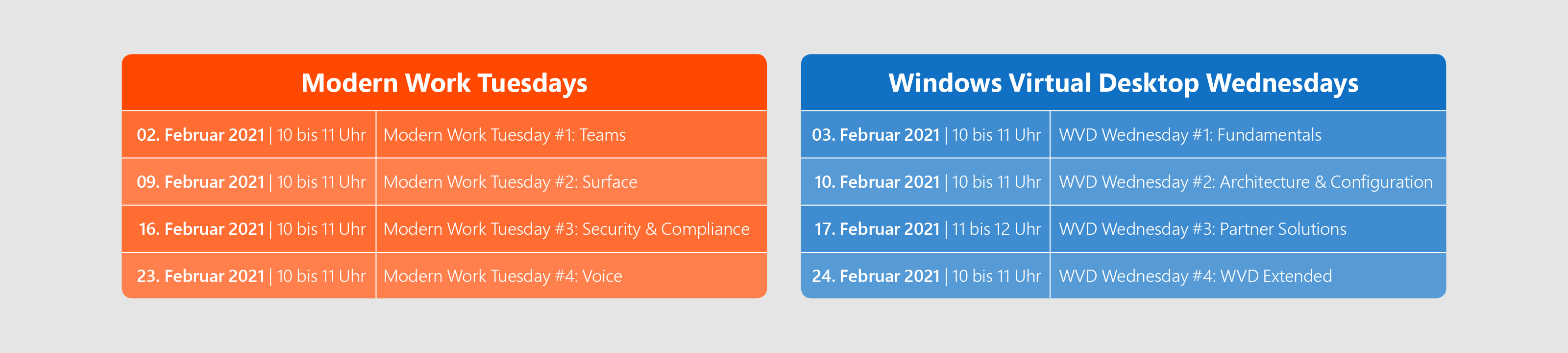Timeline depicting the events for Modern Work Tuesdays and Windows Virtual Desktop Wednesdays