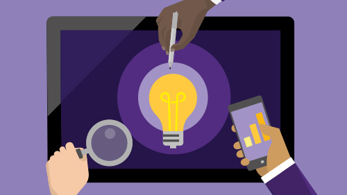 Illustration of three hands and a tablet with a lightbulb