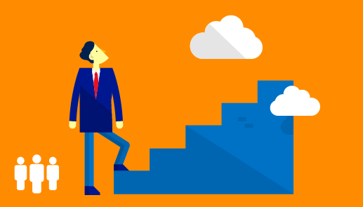 Man about to climb stairs to clouds