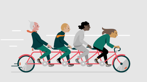 Das Bild ist im Comic Stil. Es ist ein Vierrad zu sehen mit vier Personen. Sie fahren gegen den Fahrtwind.