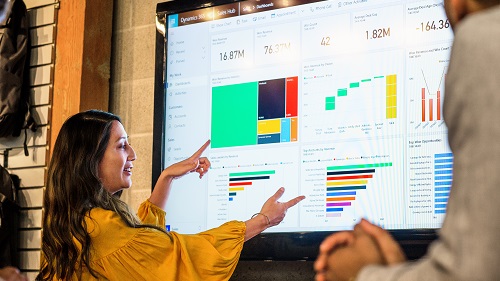A woman in a meeting pointing toward a large monitor showing a Dynamics 365 dashboard