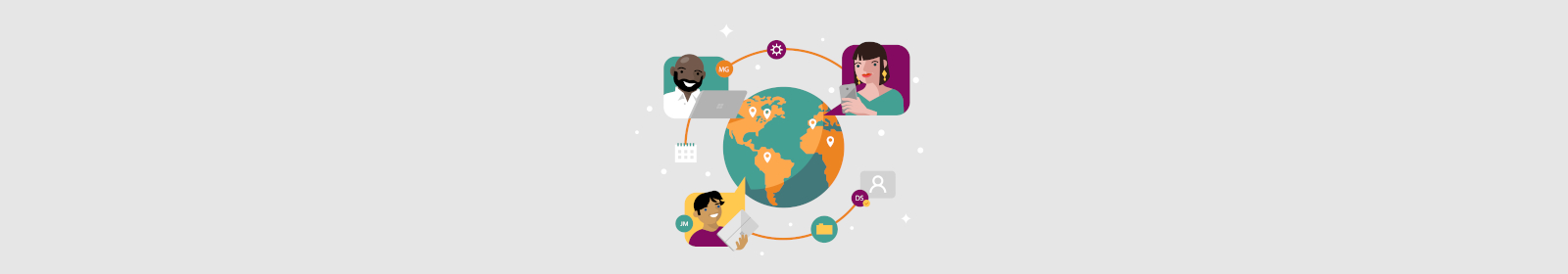 image of interconnected earth with three people representing nodes