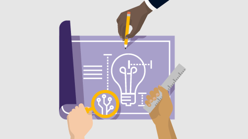 Illustration of three hands working on blueprints