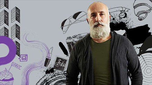 Man posing for camera on hand-drawn background