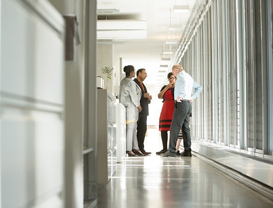 Four coworkers having a meeting in hallway 