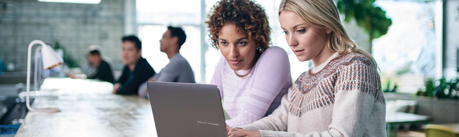 Two female colleagues working on laptop computer