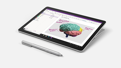 Microsoft Classroom Pen 2 with Microsoft OneNote screen with brain
