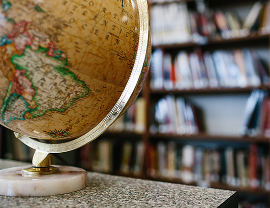 A close up image of a globe within a library