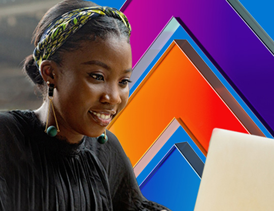 Image of girl, smiling at laptop, surrounded by Skilling Branding - bright pops of purple, blue and orange