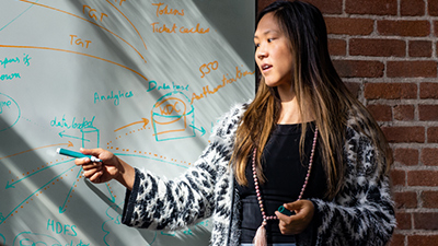woman stood in front of a whiteboard talking