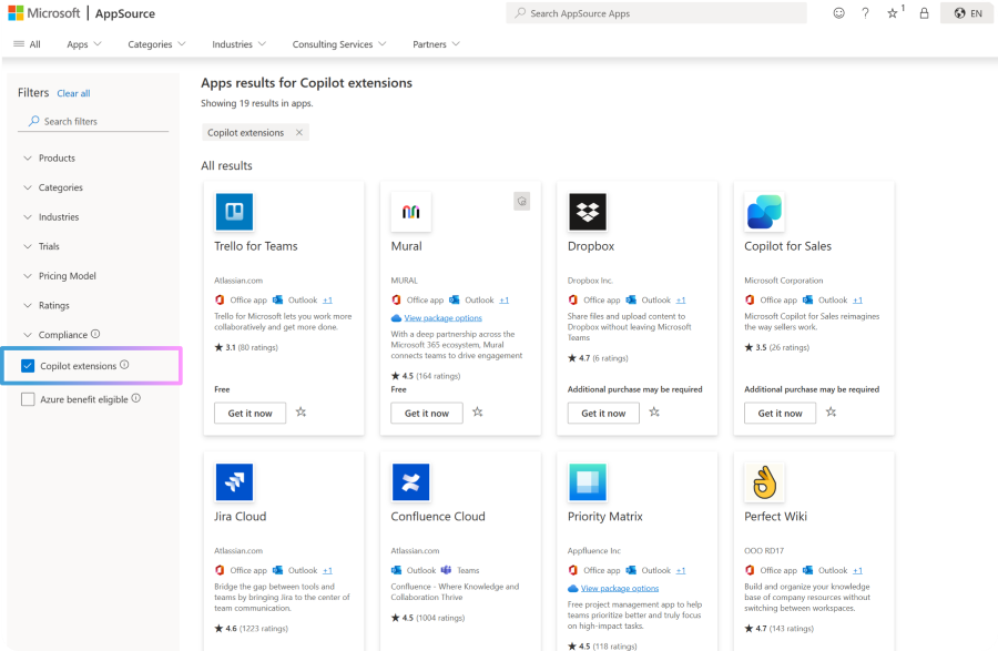 Microsoft AppSource interface with copilot extensions filter selected in the left filter bar, and Copilot extensions offerings displayed to the right of the filter bar.