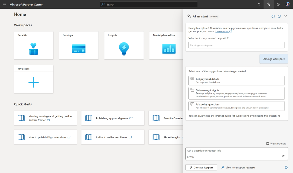 AI assistant panel in Partner Center