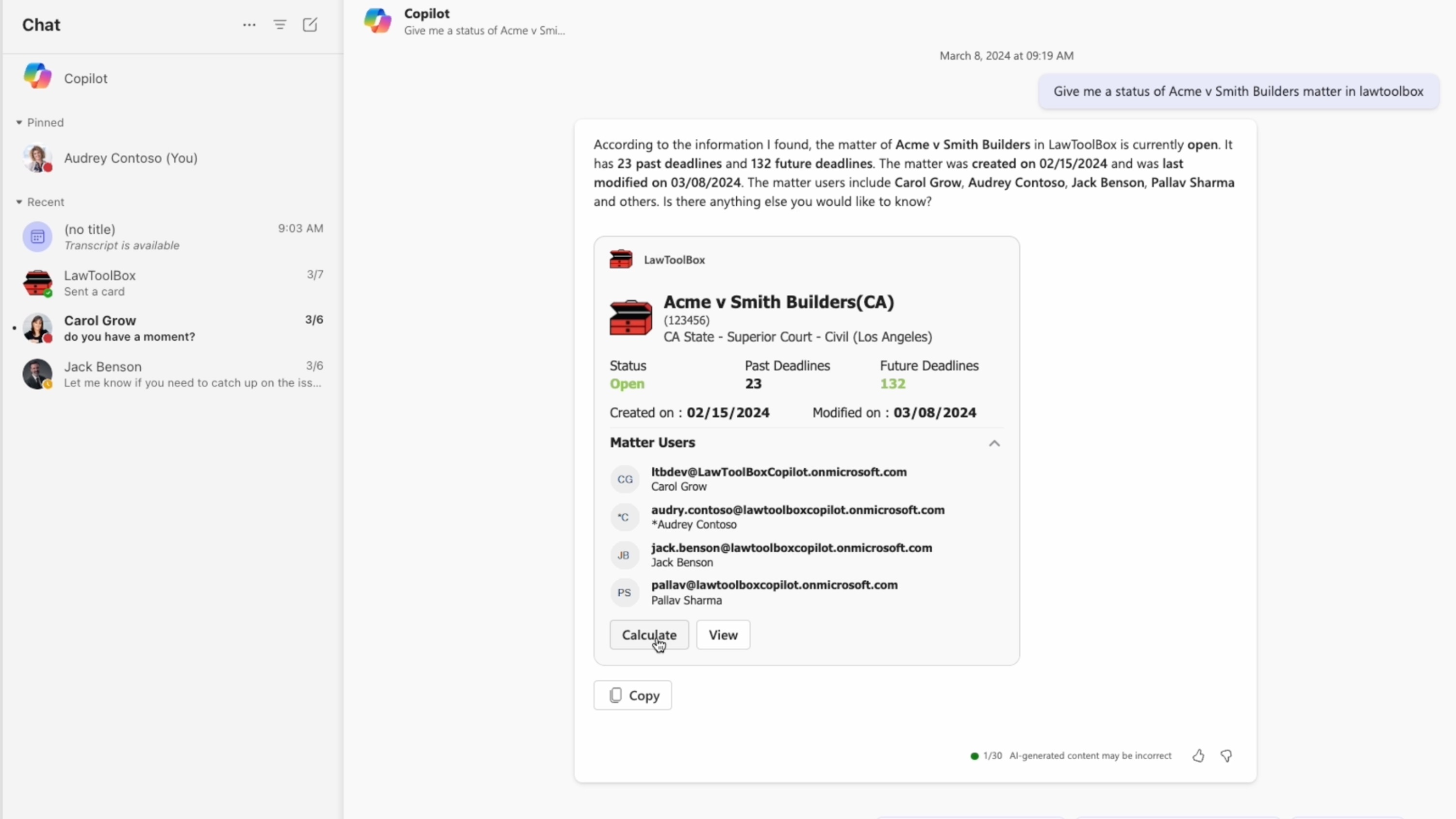 A screenshot shows Copilot responding to a request for the status of a specific legal matter along with past and future deadlines.