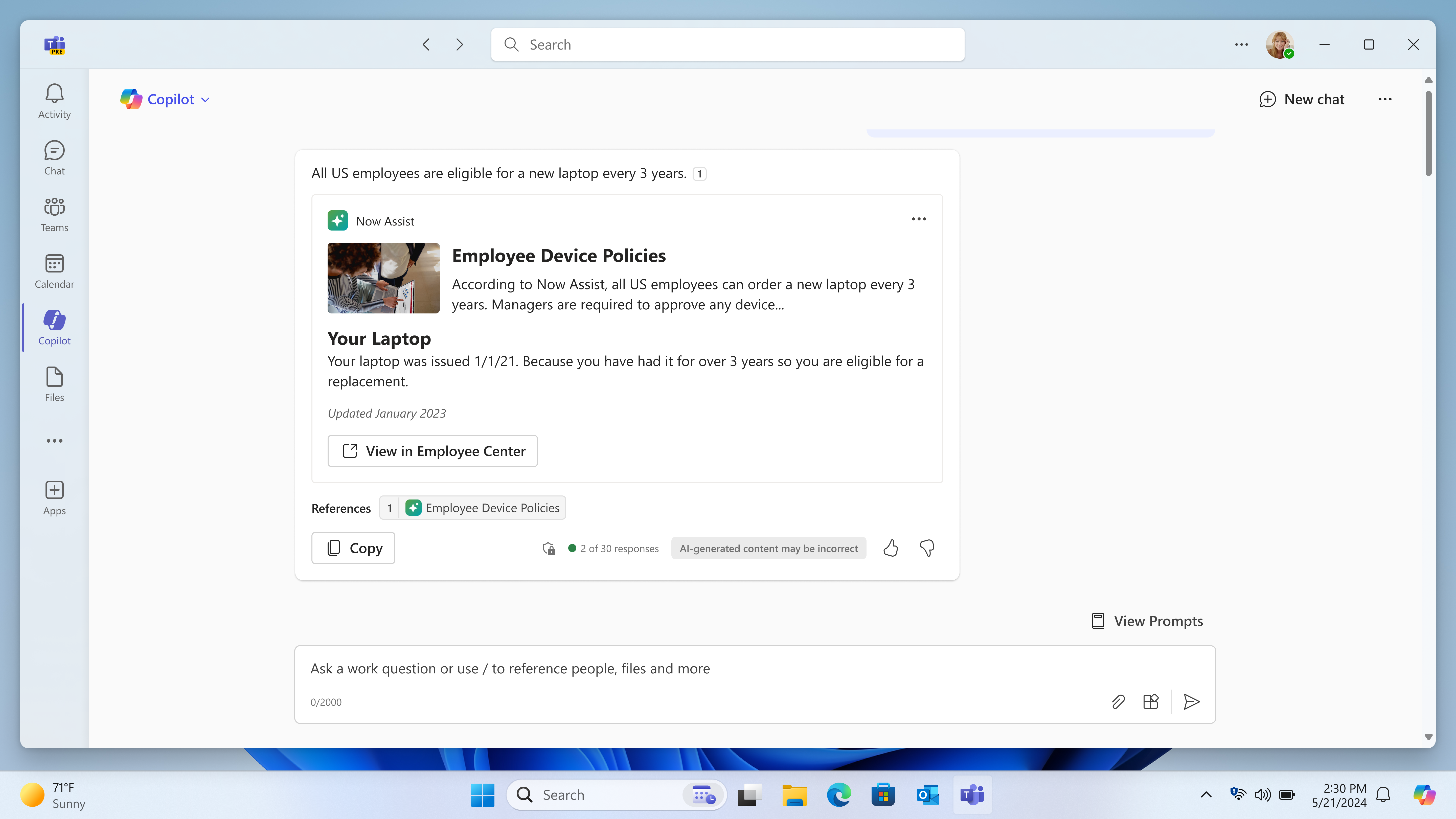 A screenshot shows Now Assist providing the company’s laptop replacement policy in the chat with Copilot.
