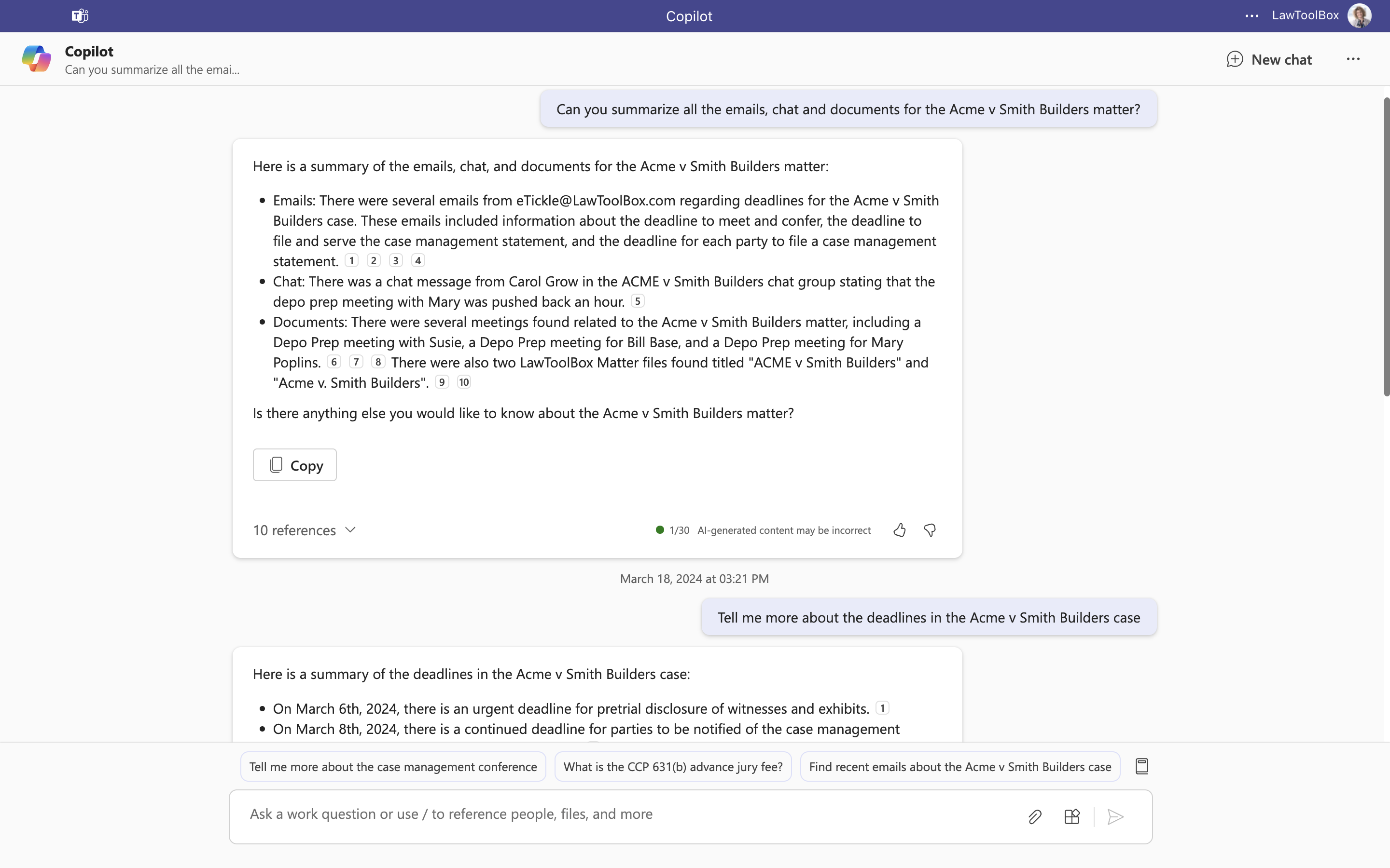 A screenshot shows Copilot responding to a request to summarize the emails, chats, and documents related to a specific legal matter.