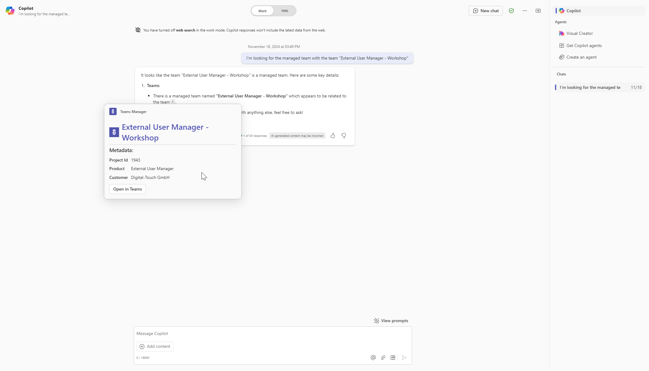 A screenshot of the Teams Manager agent in Copilot shows a user requesting a specific team channel and the agent responding with the requested information.