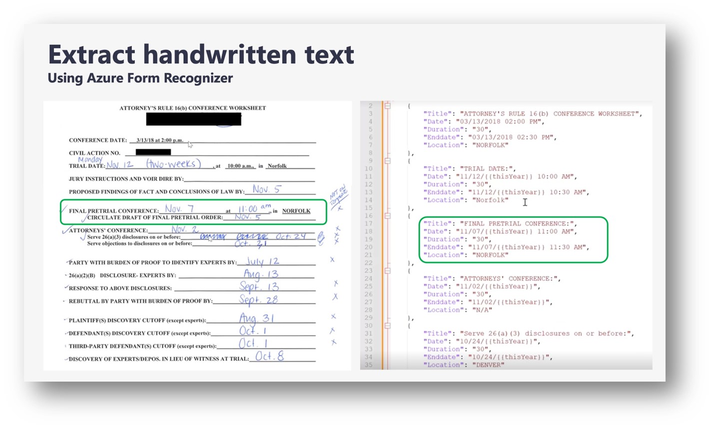 A screenshot shows handwritten answers in a legal form on the left next to accompanying code to help the app identify content and dates on the right. The text at the top reads, “Extract handwritten text using Azure Form Recognizer.”