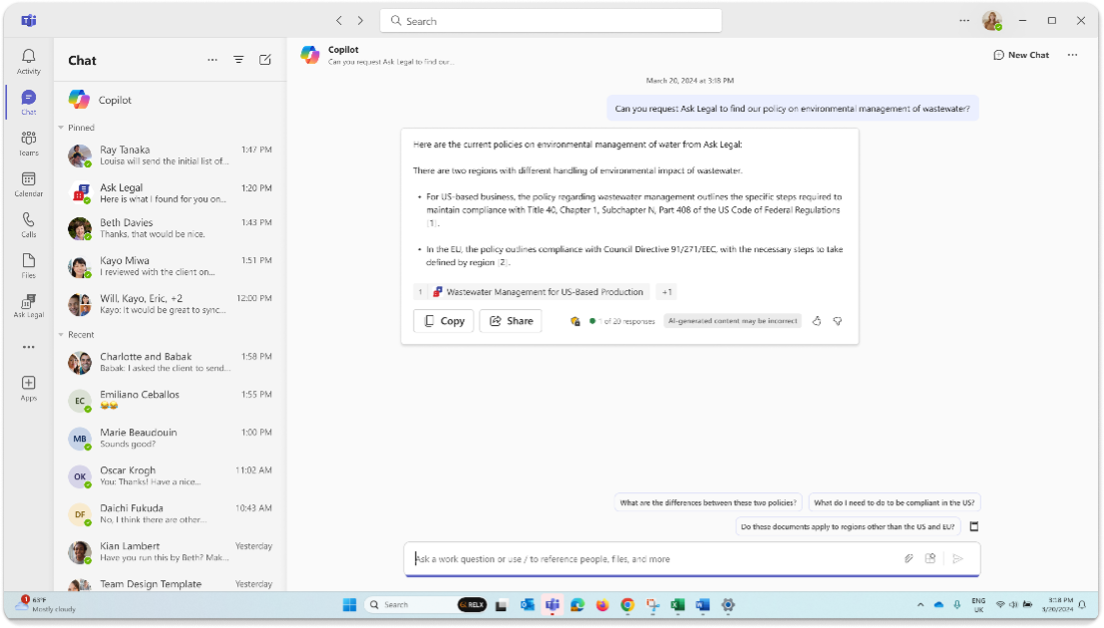 Captura de pantalla de un usuario solicitando más información sobre una directiva de la empresa y la extensión Ask Legal respondiendo con detalles